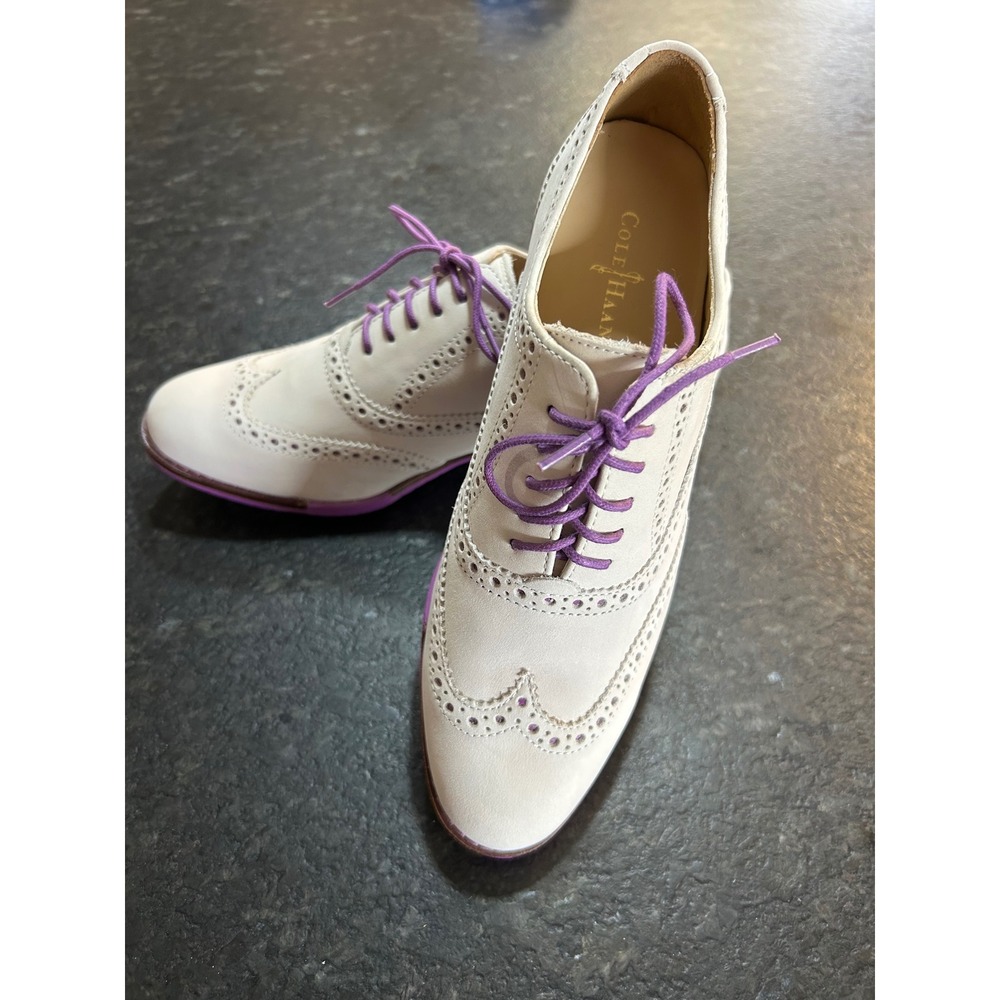 Cole Haan Zerogrand White Nubuck Purple Sole Wingtip Oxford Shoes Womens 7